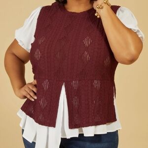 NWT Ashley Stewart Burgundy Stretch Knit Ruffled Layered Blouse Size 22/24